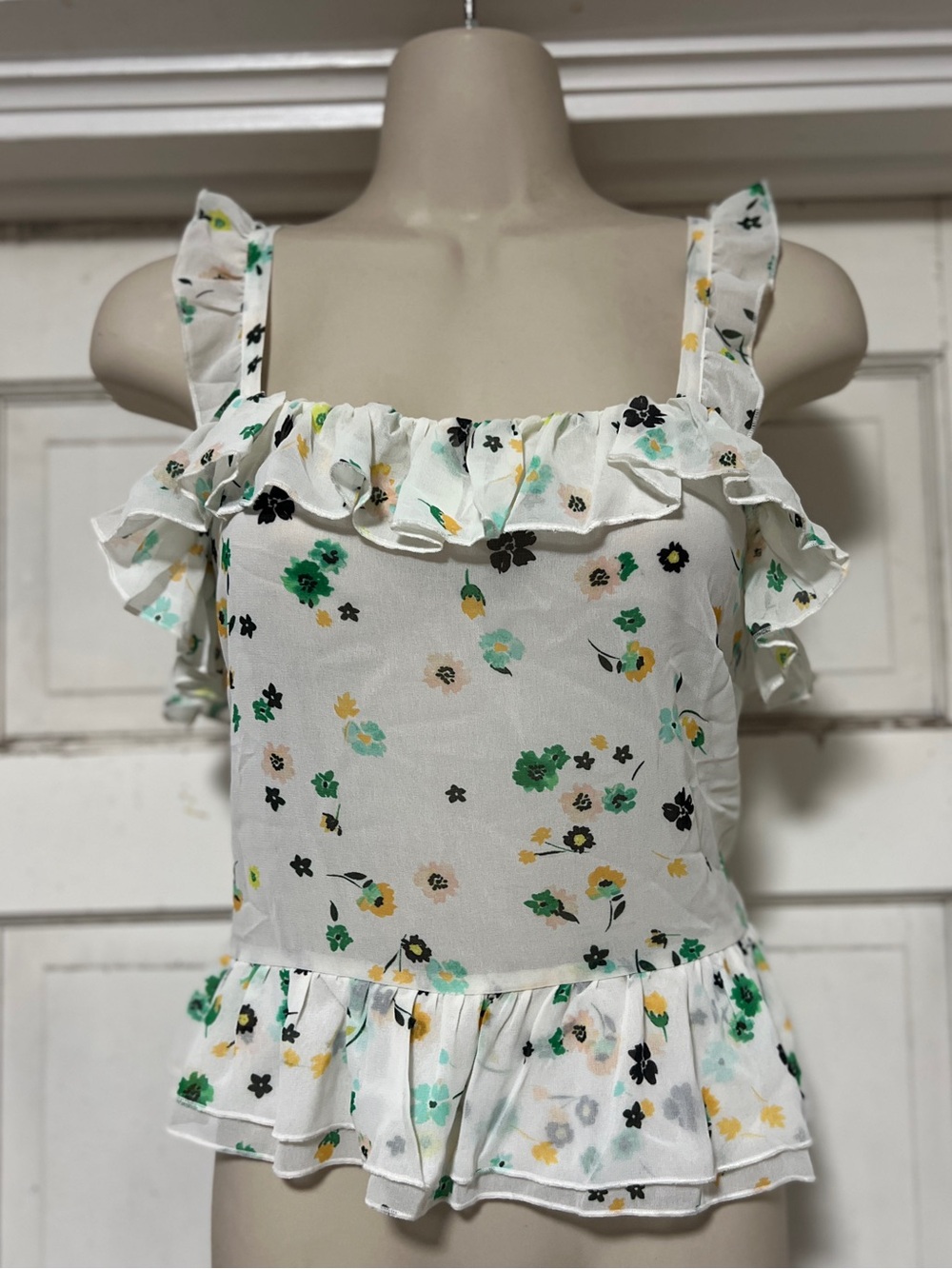 Women's White Chiffon Floral Ruffle Tank Top